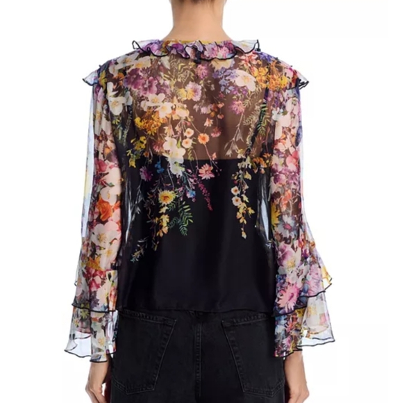 492-Aqua Multicolor Floral Ruffle‎ Blouse - Picture 2 of 7